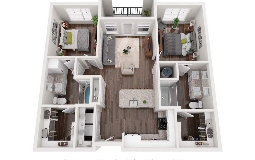 B1 - 2 bedroom floorplan layout with 2 bathrooms and 965 - 985 square feet
