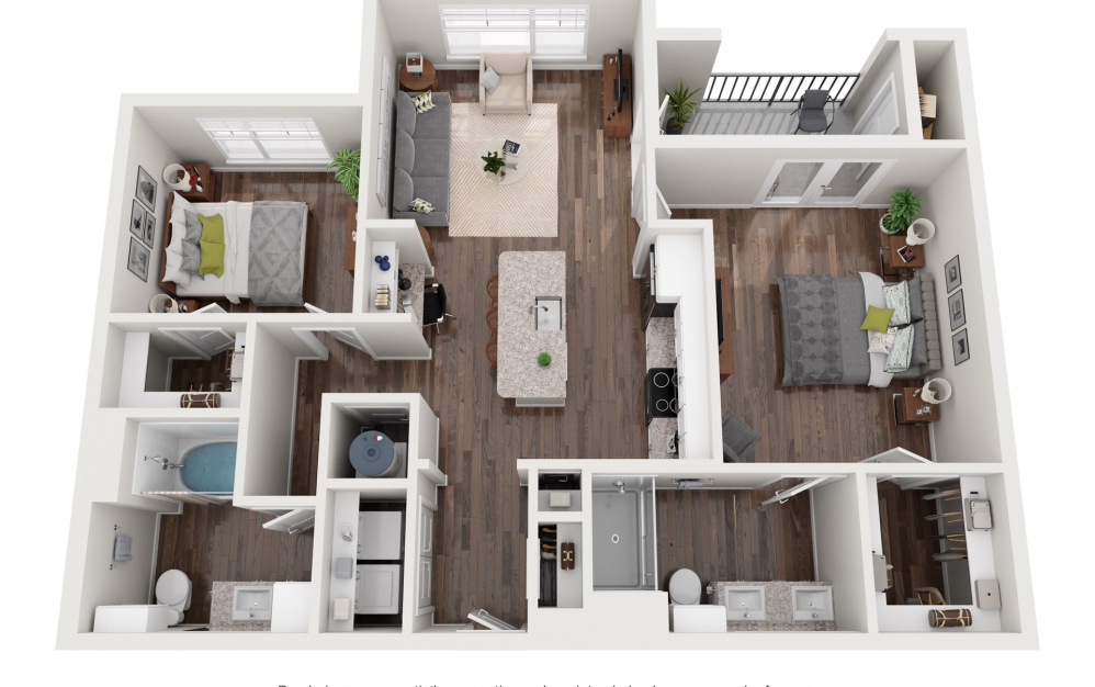 B2 - 2 bedroom floorplan layout with 2 bathrooms and 1074 - 1162 square feet