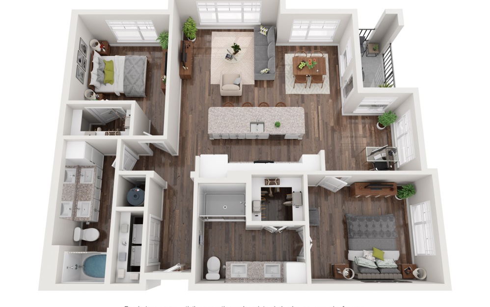 B3 - 2 bedroom floorplan layout with 2 bathrooms and 1236 square feet
